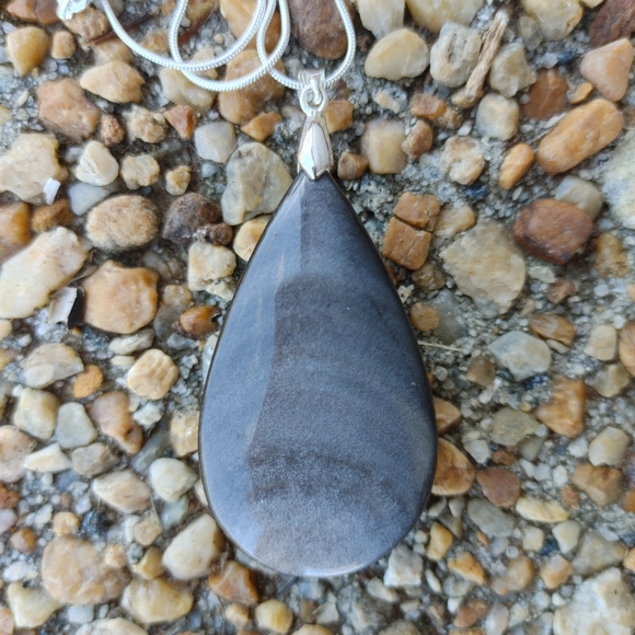 Large Black Obsidion Gemstone Pendant (2.5") -  w/ 925 Silver Overlay Chain - Picture 1 of 14
